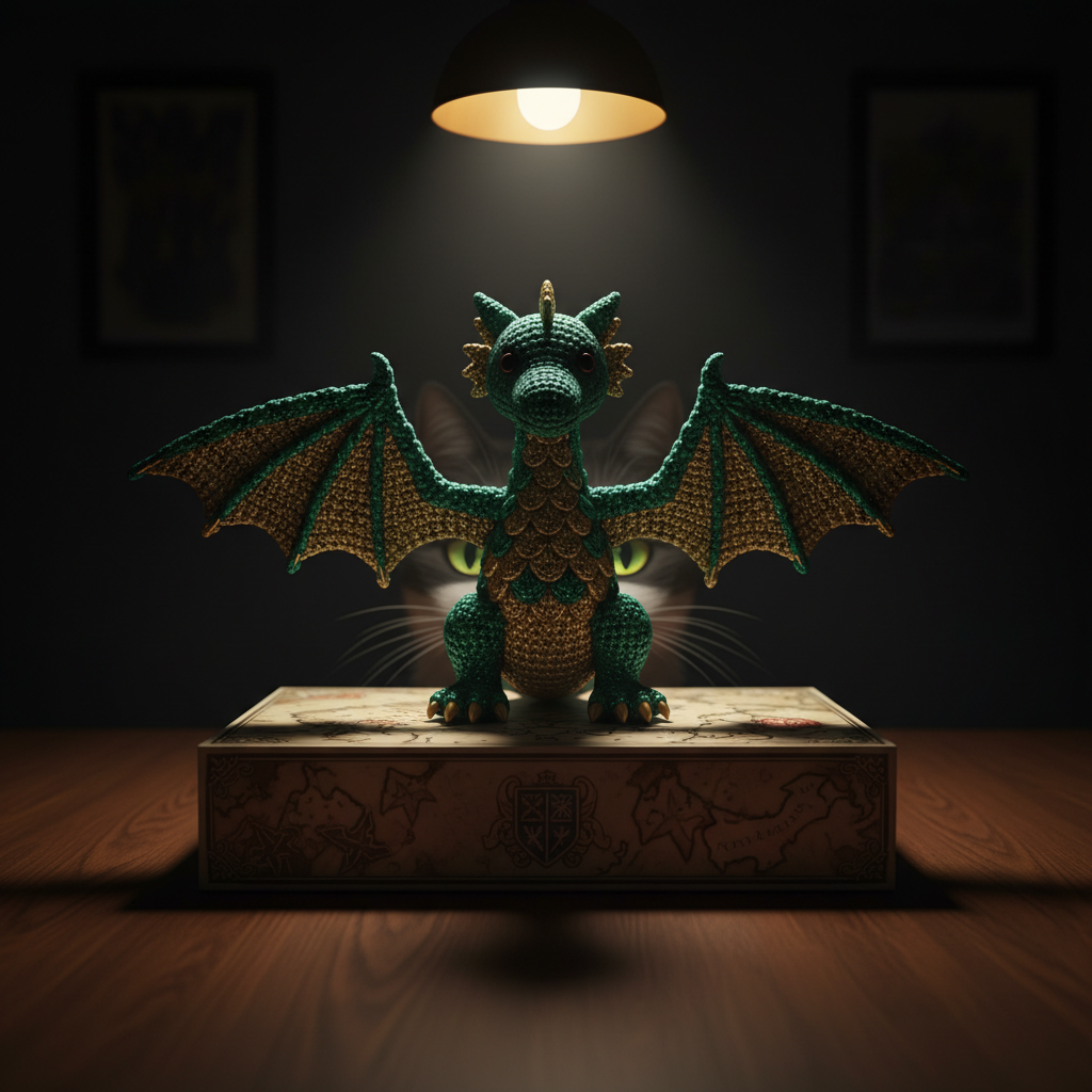 A dramatic, photographic close-up of an advanced, intricate crochet dragon perched atop a closed fantasy-themed board game box on a wooden table. The dragon features shimmering emerald and gold yarn, tiny crocheted scales, and wire-reinforced wings spread wide. A pair of bright cat eyes gleam from the shadows behind the box, with only whiskers and the suggestion of ears visible, hinting at a feline critic ready to pounce. A single warm pendant light above casts focused illumination on the dragon, creating deep, moody shadows and emphasizing the sculptural detail of the stitches. Shot at a low angle with centered composition and shallow depth of field, the atmosphere is playfully epic and slightly theatrical, perfect for showcasing niche, ambitious patterns modeled and mildly judged by resident kitties.