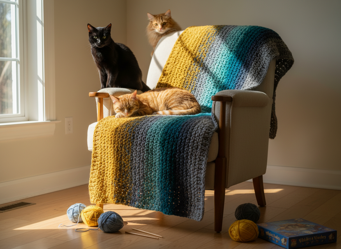 A meticulously crocheted striped blanket draped over a plush armchair in a cozy living room, each stripe shifting from mustard yellow to teal to soft gray, with visible, slightly fuzzy yarn texture. Three curious house cats lounge nearby: one tabby curled on the blanket’s edge, one black cat perched on the armrest, and one ginger cat peeking from behind the chair. Afternoon light filters through a nearby window, casting warm, soft highlights on the stitches and gentle shadows on a wooden floor scattered with yarn balls and a closed board game box. Photographic realism, shot at eye level with shallow depth of field, playful and inviting mood, emphasizing the tactile beauty of crochet in a relaxed home setting.