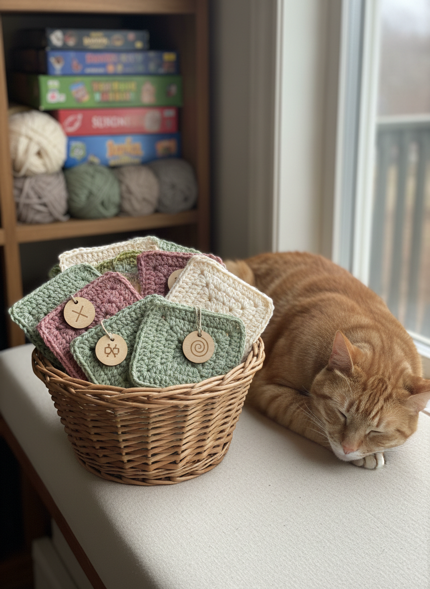 A serene, close-up photographic scene of a small basket filled with beginner-friendly crochet swatches in solid, soothing colors—dusty rose, sage green, and cream—each neatly labeled with tiny, non-textual icon tags indicating difficulty. The basket sits on a cushioned window seat with a sleepy cat curled beside it, paws tucked and eyes half-closed. Overcast daylight filters through the window, creating soft, even illumination and minimal shadows, perfect for studying stitch detail. Behind the basket, out of focus, a row of board games and yarn skeins line a shelf. Captured at a slight angle with sharp focus on the swatches and gentle bokeh beyond, the mood is calm, encouraging, and beginner-friendly.