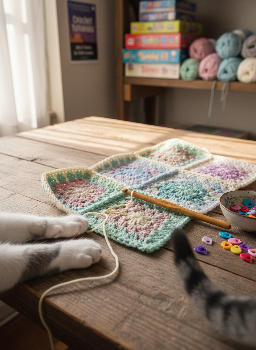 A close-up, photographic view of a neatly arranged crochet workspace on a rustic wooden table, featuring an in-progress pastel granny square blanket, a bamboo crochet hook, and small stitch markers. Only soft, furred cat paws and a twitching tail intrude at the frame’s edge, tugging a loose strand of yarn. Warm, diffused morning light from a nearby window creates subtle shine on the yarn fibers and gentle shadows beneath tools. In the slightly blurred background, a cozy shelf displays stacked board games and organized skeins of yarn. Shot from a slightly elevated angle with shallow depth of field, the mood is playful and focused, highlighting crochet tutorials for all skill levels in a real, lived-in craft nook.