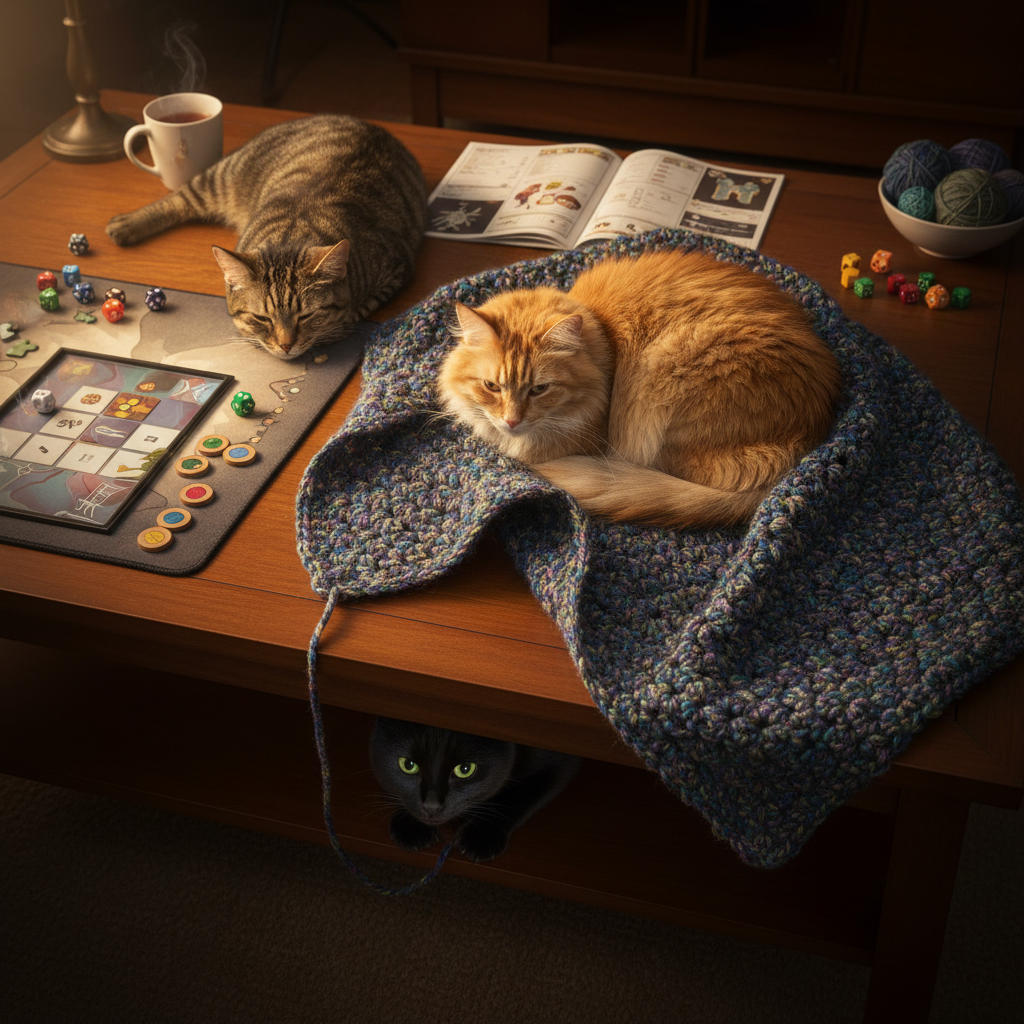 An inviting top-down photographic composition of a chunky, jewel-toned crochet shawl laid out on a low coffee table beside a partially set up modern board game with colorful dice and wooden tokens. Three cats occupy different corners of the scene: one sprawled across the rulebook, one curled up directly on the shawl’s soft stitches, and one attentively eyeing a dangling yarn tail from beneath the table. Soft, warm evening lamp light pools across the table, creating cozy highlights on the yarn texture and cardboard components, with gentle vignetting around the edges. The atmosphere is relaxed and humorous, capturing the intersection of yarn-craft inspiration and board game reviews in a playful, photographic realism style.